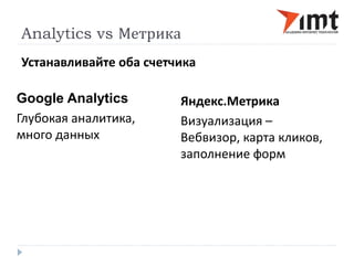 Analytics vs Метрика 
Устанавливайте оба счетчика 
Google Analytics 
Глубокая аналитика, 
много данных 
Яндекс.Метрика 
Визуализация – 
Вебвизор, карта кликов, 
заполнение форм 
 