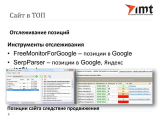 Сайт в ТОП 
Отслеживание позиций 
Инструменты отслеживания 
• FreeMonitorForGoogle – позиции в Google 
• SerpParser – позиции в Google, Яндекс 
(10$/год) 
Позиции сайта следствие продвижения 
 