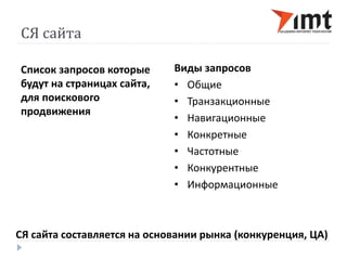 СЯ сайта 
Список запросов которые 
будут на страницах сайта, 
для поискового 
продвижения 
Виды запросов 
• Общие 
• Транзакционные 
• Навигационные 
• Конкретные 
• Частотные 
• Конкурентные 
• Информационные 
СЯ сайта составляется на основании рынка (конкуренция, ЦА) 
 