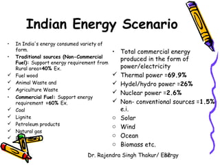 Indian Energy Scenario 
• In India's energy consumed variety of 
Dr. Rajendra Singh Thakur/ E3ne2rgy 
form. 
• Traditional sources (Non-Commercial 
Fuel): Support energy requirement from 
Rural area=40% Ex. 
 Fuel wood 
 Animal Waste and 
 Agriculture Waste 
• Commercial Fuel: Support energy 
requirement =60% Ex. 
 Coal 
 Lignite 
 Petroleum products 
 Natural gas 
 Electricity 
• Total commercial energy 
produced in the form of 
power/electricity 
 Thermal power =69.9% 
 Hydel/hydro power =26% 
 Nuclear power =2.6% 
 Non- conventional sources =1.5% 
e.i. 
o Solar 
o Wind 
o Ocean 
o Biomass etc. 
 