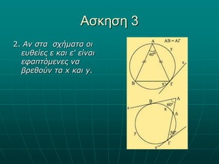 2. Αν στα σχήματα οι ευθείες ε και ε' είναι εφαπτόμενες να βρεθούν τα x και y. 
Ασκηση 3  