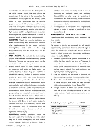 Rewar S . et. al., October - November, 2014, 3(6), 1223-1235 
characteristics that in turn enhance the disintegration in 
the mouth, besides adding bulk also reduces the 
concentration of the active in the composition. The 
recommended bulking agents for this delivery system 
should be more sugar-based such as mannitol, 
polydextrose, lactitol, DCL (direct compressible lactose) 
and starch hydrolystate for higher aqueous solubility 
and good sensory perception. Mannitol in particular has 
high aqueous solubility and good sensory perception. 
Bulking agents are added in the range of 10 percent to 
about 90 percent by weight of the final composition. 
• LUBRICANTS: Though not essential excipients can 
further assistin making these tablets more palatable 
after theydisintegrate in the mouth. Lubricants 
removegrittiness and assist in the drug 
transportMechanism from the mouth down into the 
stomach. 
• TASTE MASKING: The materials for taste-masking 
purpose have often been classified depending upon the 
basictaste. Flavoring and perfuming agents can be 
obtained from either natural or synthetic sources. 
• Natural products include fruit juices, aromatic oils such 
as peppermint and lemon oils, herbs, spices, and 
distilled fractions of these. They are available as 
concentrated extracts, alcoholic or aqueous solutions, 
syrups, or spirit. Apart from these conventional 
materials, many compositions have been found to show 
effective taste-masking abilities with improved flavor 
such as alkaline earth oxide, alkaline earth hydroxide, 
or an alkaline hydroxide. Another composition includes 
phosphorylated amino acid such as phosphotyrosine, 
phosphoserine, and phosphothreonine and mixtures 
thereof. Anethole effectively masked bitter taste as 
well as the aftertaste of zinc, which is used in treating 
the common cold. Clove oil and calcium carbonate, 
which has been found to be particularly useful to mask 
the unpalatable active in formulations which are 
intended to be chewed or dissolve in mouth prior to 
ingestion in solution[59][60]. 
• EMULSIFYING AGENT: Emulsifying agents are 
important excipients for formulating fast-melting tablets 
they aid in rapid disintegration and drug release 
without chewing, swallowing or drinking water. In 
addition, incorporating emulsifying agents is useful in 
stabilizing the immiscible blends and enhancing 
bioavailability. A wide range of emulsifiers is 
recommended for fast dissolving tablet formulation, 
including alkyl sulfates, propyleneglycol esters, lecithin, 
sucrose esters and others. 
• These agents can be incorporated in the range of 0.05 
percent to about 15 percent by weight of the final 
composition [61]. 
ADVANCEMENTS IN ODT TECHNOLOGIES: [63][64] 
Patented and recent advancements in ODT technology are 
listed in table. 
EVALUATION: 
The mixture of powder was evaluated for bulk density, 
tapped density, Carr’s index, Hausner’s ratio and angle of 
repose. The tablets were evaluated for thickness, hardness, 
friability, weight variation test, drug content and In-Vitro 
release rate studies [66][67]. 
1. General Appearance:The general appearance of a 
tablet, its visual identity and over all "elegance" is 
essential for consumer acceptance and tablet's size, 
shape, colour, presence or absence of an odour,Taste, 
surface texture, physical flaws and consistency and 
legibility of any identifying marking. 
2. Size and Shape:The size and shape of the tablet can 
be dimensionally described, monitored and controlled. 
3. Tablet thickness:Tablet thickness can be measured using 
a simple procedure. Five tablets are taken and their 
thickness is measured using Vernier Caliper[71]. 
4. Weight variation: 20 tablets were selected randomly 
from the lot and weighted individually to check for 
weight variation. Weight variation specification as per 
I.P.[68] 
Table 3: Weight variation specification as per I.P[74][76] 
Average Weight of Tablet % Deviation 
80 mg or less ±10 
80 mg to 250 mg ±7.5 
250 mg or more ±5 
©SRDE Group, All Rights Reserved. Int. J. Res. Dev. Pharm. L. Sci. 1231 
 