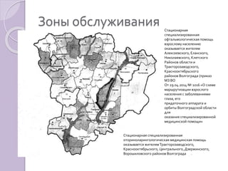Зоны обслуживания 
Стационарная 
специализированная 
офтальмологическая помощь 
взрослому населению 
оказывается жителям 
Алексеевского, Еланского, 
Николаевского, Клетского 
Районов области и 
Тракторозаводского, 
Краснооктябрьского 
районов Волгограда (приказ 
МЗ ВО 
От 29.04.2014 № 1016 «О схеме 
маршрутизации взрослого 
населения с заболеваниями 
глаза, его 
придаточного аппарата и 
орбиты Волгоградской области 
для 
оказания специализированной 
медицинской помощи» 
Стационарная специализированная 
оториноларингологическая медицинская помощь 
оказывается жителям Тракторозаводского, 
Краснооктябрьского, Центрального, Дзержинского, 
Ворошиловского районов Волгограда 
 