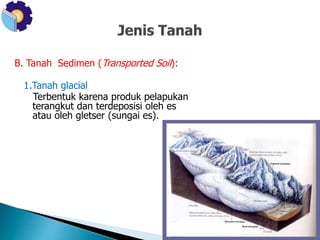 B. Tanah Sedimen (Transported Soil): 
1.Tanah glacial 
Terbentuk karena produk pelapukan 
terangkut dan terdeposisi oleh es 
atau oleh gletser (sungai es). 
 