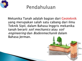 Mekanika Tanah adalah bagian dari Geoteknik 
yang merupakan salah satu cabang dari ilmu 
Teknik Sipil, dalam Bahasa Inggris mekanika 
tanah berarti soil mechanics atau soil 
engineering dan Bodenmechanik dalam 
Bahasa Jerman. 
 
