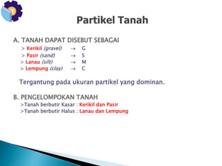 A. TANAH DAPAT DISEBUT SEBAGAI : 
> Kerikil (gravel)  G 
> Pasir (sand)  S 
> Lanau (silt)  M 
> Lempung (clay)  C 
Tergantung pada ukuran partikel yang dominan. 
B. PENGELOMPOKAN TANAH 
>Tanah berbutir Kasar : Kerikil dan Pasir 
>Tanah berbutir Halus : Lanau dan Lempung 
 
