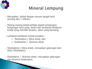 • Merupakan koloid dengan ukuran sangat kecil 
(kurang dari 1 mikron) 
• Masing-masing koloid terlihat seperti lempengan-lempengan 
kecil yang terdiri dari lembaran-lembaran 
kristal yang memiliki struktur atom yang berulang. 
• Lembaran-lembaran kristal tersebut : 
> Tetrahedron / Silica sheet, dan 
> Octahedron / Alumina sheet. 
• Tetrahedron / Silica sheet, merupakan gabungan dari 
Silica Tetrahedron. 
• Octahedron / Alumina sheet. merupakan gabungan 
dari Alumina Octahedron. 
 