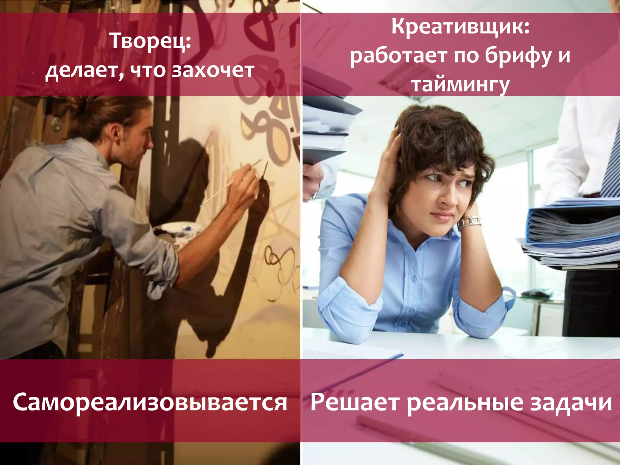 Творец: 
делает, что захочет 
Креативщик: 
работает по брифу и 
таймингу 
Самореализовывается Решает реальные задачи 
 