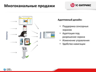 Многоканальные продажи 
Клиенты 
Заказы 
Адаптивный дизайн: 
• Поддержка сенсорных 
экранов 
• Адаптация под 
разрешение экрана 
• Изменение управления 
• Удобство навигации 
 