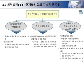 13 
3.2 세부과제(Ⅰ) : 규제합리화의 지속적인 추진 
감독권한과 시장규율간 합리적 균형 
 규제비용 통제를 위한 분석체계 마 
련 
(cost-benefit) 
 비명시적 규제 등의 주기적 점검을 
통한 규제비용 관리 
 규제대안(option) 방식의 접근을 통해 
간접규율 방식을 강화* 
* 규제도입 시 건전성 또는 평가시스템 등 
을 통해 규율 방안을 대안으로 점검하여 
직접 규제에 따른 자율성 훼손을 최소화 
 기관주의 책임 강화 
 내부통제에 의한 자율성 확대 
• 원칙주의에 의한 감독 확대로 금융자 
율성 확대 
• 쌍방향 커뮤니케이션 강화 
 윤리규범 및 지배구조 관련 규율 
강화 
• 사외이사, 이사회, 내부통제 등 실태 
점검 및 제도개선 지속 
• 은행권 등 중심으로 윤리규범 마련 등 
비핵심규제의 
투명성관리 
간접규율의 확대 
금융회사의 
자율ㆍ책임 강화 
(소비자보호) 
 