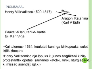 INGLISMAAL 
Henry VIII(valitses 1509-1547) 
Aragoni Katariina 
(Karl V tädi) 
Paavst ei lahutanud- kartis 
tüli Karl V-ga 
•Kui tulemus- 1534. kuulutati kuninga kirikupeaks, suleti 
kõik kloostrid 
•Henry Valitsemise aja lõpuks kujunes anglikani kirik-protestantlik 
õpetus, sarnanes katoliku kiriku liturgiaga(ld. 
k. missad asendati igl.k.) 
 