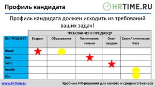 www.hrtime.ru Удобные HR-решения для малого и среднего бизнеса
Профиль кандидата должен исходить из требований
ваших задач!
ТРЕБОВАНИЯ К ПРОДАВЦУ
ВЫ ПРОДАЕТЕ
…
Возраст Образование Технические
навыки
Опыт
продаж
Связи/ клиентская
база
Кому
Как
Что
Когда
Где
Профиль кандидата
 