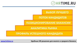 www.hrtime.ru Удобные HR-решения для малого и среднего бизнеса
АНАЛИТИКА РЫНКА
ПОЗИЦИОНИРОВАНИЕ ВАКАНСИИ
ПОТОК КАНДИДАТОВ
ВЫБОР ЛУЧШЕГО
ПРОФИЛЬ УСПЕШНОГО КАНДИДАТА
 