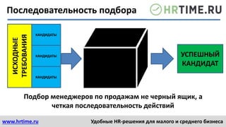 www.hrtime.ru Удобные HR-решения для малого и среднего бизнеса
КАНДИДАТЫ
УСПЕШНЫЙ
КАНДИДАТ
КАНДИДАТЫ
КАНДИДАТЫ
Подбор менеджеров по продажам не черный ящик, а
четкая последовательность действий
ИСХОДНЫЕ
ТРЕБОВАНИЯ
Последовательность подбора
 