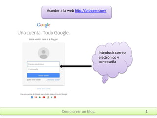 Cómo crear un blog. 1
Introducir correo
electrónico y
contraseña
Acceder a la web http://blogger.com/
 