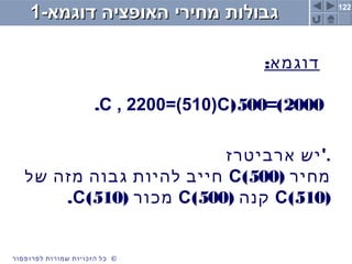 122
©‫לפרופסור‬ ‫שמורות‬ ‫הזכויות‬ ‫כל‬ ©‫לפרופסור‬ ‫שמורות‬ ‫הזכויות‬ ‫כל‬
-‫דוגמא‬ ‫האופציה‬ ‫מחירי‬ ‫גבולות‬-‫דוגמא‬ ‫האופציה‬ ‫מחירי‬ ‫גבולות‬11
:‫דוגמא‬
2000=)500(C , 2200=(510)C.
‫ארביטרז‬ ‫.'יש‬
( ‫מחיר‬500)C‫של‬ ‫מזה‬ ‫גבוה‬ ‫להיות‬ ‫חייב‬
(510)C( ‫קנה‬500)C( ‫מכור‬510)C.
 