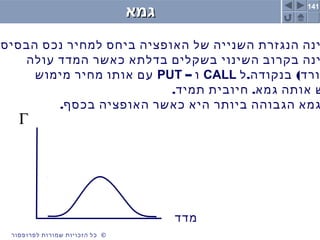 141
©‫לפרופסור‬ ‫שמורות‬ ‫הזכויות‬ ‫כל‬ ©‫לפרופסור‬ ‫שמורות‬ ‫הזכויות‬ ‫כל‬
‫גמא‬‫גמא‬
‫מדד‬
Γ
.‫הבסיס‬ ‫נכס‬ ‫למחיר‬ ‫ביחס‬ ‫האופציה‬ ‫של‬ ‫השנייה‬ ‫הנגזרת‬ ‫ינה‬
‫עולה‬ ‫המדד‬ ‫כאשר‬ ‫בדלתא‬ ‫בשקלים‬ ‫השינוי‬ ‫בקרוב‬ ‫ינה‬
. )‫ל‬ ‫בנקודה‬ ‫ורד‬CALL– ‫ו‬PUT‫מימוש‬ ‫מחיר‬ ‫אותו‬ ‫עם‬
. .‫תמיד‬ ‫חיובית‬ ‫גמא‬ ‫אותה‬ ‫ש‬
.‫בכסף‬ ‫האופציה‬ ‫כאשר‬ ‫היא‬ ‫ביותר‬ ‫הגבוהה‬ ‫גמא‬
 