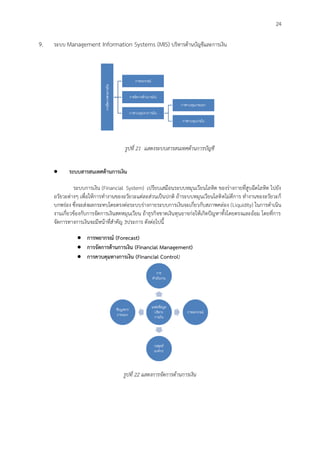 24
9. ระบบ Management Information Systems (MIS) บริหารด้านบัญชีและการเงิน
รูปที่ 21 แสดงระบบสารสนเทศด้านการบัญชี
 ระบบสารสนเทศด้านการเงิน
ระบบการเงิน (Financial System) เปรียบเสมือนระบบหมุนเวียนโลหิต ของร่างกายที่สูบฉีดโลหิต ไปยัง
อวัยวะต่างๆ เพื่อให้การทางานของอวัยวะแต่ละส่วนเป็นปกติ ถ้าระบบหมุนเวียนโลหิตไม่ดีการ ทางานของอวัยวะก็
บกพร่อง ซึ่งจะส่งผลกระทบโดยตรงต่อระบบร่างกายระบบการเงินจะเกี่ยวกับสภาพคล่อง (Liquidity) ในการดาเนิน
งานเกี่ยวข้องกับการจัดการเงินสดหมุนเวียน ถ้าธุรกิจขาดเงินทุนอาจก่อให้เกิดปัญหาทั้งโดยตรงและอ้อม โดยที่การ
จัดการทางการเงินจะมีหน้าที่สาคัญ 3ประการ ดังต่อไปนี้
 การพยากรณ์ (Forecast)
 การจัดการด้านการเงิน (Financial Management)
 การควบคุมทางการเงิน (Financial Control)
รูปที่ 22 แสดงการจัดการด้านการเงิน
 