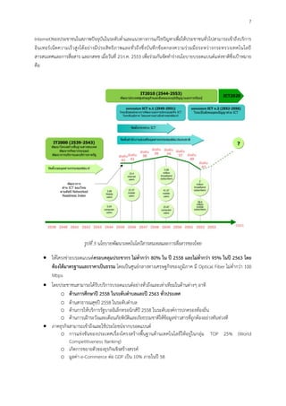 7
Internet)ของประชาชนในสภาพปัจจุบันในระดับต่าและแนวทางการแก้ไขปัญหาเพื่อให้ประชาชนทั่วไปสามารถเข้าถึงบริการ
อินเทอร์เน็ตความเร็วสูงได้อย่างมีประสิทธิภาพและทั่วถึงซึ่งบันทึกข้อตกลงความร่วมมือระหว่างกระทรวงเทคโนโลยี
สารสนเทศและการสื่อสาร และกสทช เมื่อวันที่ 21ก.ค. 2553 เพื่อร่วมกันจัดทาร่างนโยบายบรอดแบนด์แห่งชาติซึ่งเป้าหมาย
คือ
รูปที่ 5 นโยบายพัฒนาเทคโนโลบีสารสนเทสและการสื่อสารของไทย
 ให้โครงข่ายบรอดแบนด์ครอบคลุมประชากร ไม่ต่ากว่า 80% ใน ปี 2558 และไม่ต่ากว่า 95% ในปี 2563 โดย
ต้องได้มาตรฐานและราคาเป็นธรรม โดยเป็นศูนย์กลางทางเศรษฐกิจของภูมิภาค มี Optical Fiber ไม่ต่ากว่า 100
Mbps
 โดยประชาชนสามารถได้รับบริการบรอดแบนด์อย่างทั่วถึงและเท่าเทียมในด้านต่างๆ อาทิ
o ด้านการศึกษาปี 2558 ในระดับตาบลและปี 2563 ทั่วประเทศ
o ด้านสาธารณสุขปี 2558 ในระดับตาบล
o ด้านการให้บริการรัฐบาลอิเล็กทรอนิกส์ปี 2558 ในระดับองค์การปกครองท้องถิ่น
o ด้านการเฝ้าระวังและเตือนภัยพิบัติและภัยธรรมชาติให้ข้อมูลข่าวสารที่ถูกต้องอย่างทันท่วงที
 ภาคธุรกิจสามารถเข้าถึงและใช้ประโยชน์จากบรอดแบนด์
o การแข่งขันของประเทศเรื่องโครงสร้างพื้นฐานด้านเทคโนโลยีให้อยู่ในกลุ่ม TOP 25% (World
Competitiveness Ranking)
o เกิดการขยายตัวของธุรกิจเชิงสร้างสรรค์
o มูลค่า e-Commerce ต่อ GDP เป็น 10% ภายในปี 58
 