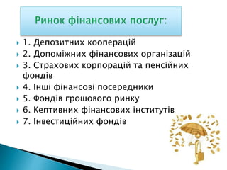  1. Депозитних кооперацій
 2. Допоміжних фінансових організацій
 3. Страхових корпорацій та пенсійних
фондів
 4. Інші фінансові посередники
 5. Фондів грошового ринку
 6. Кептивних фінансових інститутів
 7. Інвестиційних фондів
 