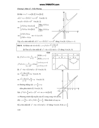 Chương I. Hàm s – Tr n Phương
110
2) t [ ] [ ]2
0,2 0,1t x x x= + ∈ ∀ ∈
( ) ( )22 2
1 1a x x x x+ − ≤ + + ∀x∈[0, 1]
( ) ( )2
1 1a t t⇔ − ≤ + ∀t∈[0, 2]
⇔
( ) ( ]
( ) [ )
1,2
0,1
f t a t
f t a t
 ≥ ∀ ∈

≤ ∀ ∈
⇔
( ]
( )
[ )
( )
1,2
0,1
Min
Max
t
t
f t a
f t a
∈
∈
 ≥


≤

( )
( )
2 9
0 1
f a
f a
 = ≥
⇔ 
= − ≤
⇔ −1 ≤ a ≤ 9.
V y s a nh nh t ( ) ( )22 2
1 1a x x x x+ − ≤ + + úng ∀x∈[0, 1] là a = −1.
Bài 8. 1) Kh o sát và v (C): ( )
2
3 3
2
x xy f x
x
− += =
−
2) Tìm s a l n nh t ( )2
6 12 4 2x x a x− + ≥ − úng ∀x∈[4, 5]
Gi i
1) ( ) 11
2
f x x
x
= − +
−
⇒
TCÐ: 2
TCX: 1
x
y x
=

= −
( )
( )2
1 111 0
3 32
x y
f x
x yx
= ⇒ = −
′ = − = ⇔ 
= ⇒ =− 
2) ( )2
6 12 4 2x x a x− + ≥ − ∀x∈[4, 5]
⇔
( )
2
6 12
4 2
x x a
x
− + ≥
−
∀x∈[4, 5]
⇔
2
3 3 3
2 4
x x x a
x
− + ≥ +
−
∀x∈[4, 5]
⇔ ư ng th ng (d): 3
4
y x a= +
n m phía dư i (C) ∀x∈[4, 5]
Xét ( ) ( )23 2 4
4
f x x′ = ⇔ − = [ ]4 4;5x⇔ = ∈
⇒ Phương trình ti p tuy n c a (C) song song v i (d) là:
(D): ( ) ( )3 3 14 4
4 4 2
y x f x= − + = + . Nhìn hình v suy ra:
S a l n nh t ( )2
6 12 4 2x x a x− + ≥ − úng ∀x∈[4, 5] là 1
2
a =
y
O-3
8
x1-1 32
-1
9
3
x −∞ 1 2 3 +∞
f ′ + 0 − − 0 +
f
−∞
−1
−∞
+∞
3
+∞
-1
2
3
3
O
x
y
1
(D)
4 5
www.VNMATH.com
 