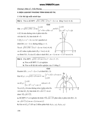 Chương I. Hàm s – Tr n Phương
106
II. BI N LU N B T PHƯƠNG TRÌNH B NG TH
1. Các bài t p m u minh h a
Bài 1. Tìm m BPT: ( )( ) 2
4 6 2x x x x m+ − ≤ − + úng ∀x∈[−4, 6]
Gi i
t ( )( )
( )( )
( )
( )22 2
00
4 6 :
4 6 1 25
yy
y x x C
y x x x y
≥≥ 
= + − ⇔ ⇔ 
= + − − + =  
• (C) là n a ư ng tròn phía trên Ox
v i tâm I(1, 0), bán kính R = 5.
• ( ) 2
: 2mP y x x m= − + là 1 parabol có
nh D(1, m − 1) ∈ ư ng th ng x = 1.
Ta có: ( )( ) 2
4 6 2x x x x m+ − ≤ − + ∀x∈[−4, 6]
⇔ (C) n m phía dư i (Pm) ∀x∈[−4, 6]
⇔ nh T(1, 5) c a (C) n m dư i D(1, m − 1) ⇔ m − 1 ≥ 5 ⇔ m ≥ 6.
Bài 2. Cho BPT: ( ) 2
2 1 2 3x x m x x− + + ≥ − + (*)
a. Tìm m BPT (*) có nghi m
b. Tìm m dài mi n nghi m c a (*) b ng 2.
Gi i
Parabol (P): 2
2 3y x x= − + có nh D(1, 2)
G i (Cm): ( )2 1y x x m= − + + ⇔
( )2
2 1
0
y x x m
y
 = − + +

≥
⇔ (Cm):
( )2 2
0
1 2
y
x y m
≥

− + = +
v i m ≥ −2.
Ta có (Cm) là n a ư ng tròn phía trên Ox
v i tâm I(1, 0), bán kính 2R m= + và có
nh ( )T 1, 2m + .
a. BPT (*) có nghi m thì nh ( )T 1, 2m + ph i n m phía trên D(1, 2)
⇔ 2 2 2 4 2m m m+ ≥ ⇔ + ≥ ⇔ ≥
b. Gi s (Cm) ∩ (P) t i 2 i m phân bi t A1(x1, y0), A2(x2, y0)
O
y
x1-4 6
T
Dm-1
1 x
y
O
2 3
3
A
B
T
D
-1
www.VNMATH.com
 