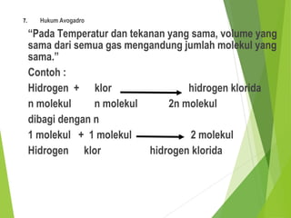 7. Hukum Avogadro
“Pada Temperatur dan tekanan yang sama, volume yang
sama dari semua gas mengandung jumlah molekul yang
sama.”
Contoh :
Hidrogen + klor hidrogen klorida
n molekul n molekul 2n molekul
dibagi dengan n
1 molekul + 1 molekul 2 molekul
Hidrogen klor hidrogen klorida
 