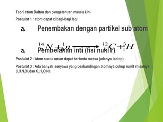 Teori atom Dalton dan pengetahuan massa kini
Postulat 1 : atom dapat dibagi-bagi lagi
a. Penembakan dengan partikel sub atom
a. Pembelahan inti (fisi nuklir)
Postulat 2 : Atom suatu unsur dapat berbeda massa (adanya isotop)
Postulat 3 : Ada banyak senyawa yang perbandingan atomnya cukup rumit misalnya
C6H7N3O11dan C18H35O2Na
nN 1
0
14
7 + HC 3
1
12
6 +
 