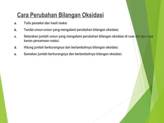 Cara Perubahan Bilangan Oksidasi
a. Tulis pereaksi dan hasil reaksi
b. Tandai unsur-unsur yang mengalami perubahan bilangan oksidasi.
c. Setarakan jumlah unsur yang mengalami perubahan bilangan oksidasi di ruas kiri dan ruas
kanan persamaan reaksi.
d. Hitung jumlah berkurangnya dan bertambahnya bilangan oksidasi.
e. Samakan jumlah berkurangnya dan bertambahnya bilangan oksidasi.
 