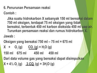 6. Penurunan Persamaan reaksi
Contoh :
Jika suatu hidrokarbon X sebanyak 150 ml bereaksi dalam
750 ml oksigen, terdapat 75 ml oksigen yang tidak
bereaksi, terbentuk 450 ml karbon dioksida 450 ml uap air.
Turunkan persamaan reaksi dan rumus hidrokarbon X.
Jawab :
Oksigen yang bereaksi 750 ml – 75 ml = 675 ml
X + O2 (g) CO2 (g) + H2O (g)
150 ml 675 ml 450 ml 450 ml
Dari data volume gas yang bereaksi dapat disimpulkan
X + 4½ O2 (g) 3 CO2 (g) + 3H2O (g)
 