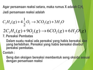 Agar persamaan reaksi setara, maka rumus X adalah C3H6
Jadi persamaan reaksi adalah
7. Pereaksi Pembatas
Dalam suatu reaksi ada pereaksi yang habis bereaksi dan
yang berlebihan. Pereaksi yang habis bereaksi disebut
pereaksi pembatas.
Contoh :
Seng dan oksigen bereaksi membentuk seng oksida sesuai
dengan persamaan reaksi
OHgCOOgHC 22263 3)(3
2
1
4)( +→+
)(6)(6)(9)(2 22263 gOHgCOgOgHC +→+
 
