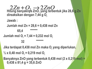 Hitung banyaknya ZnO, yang terbentuk jika 28,6 g Zn
direaksikan dengan 7,44 g O2
Jawab :
Jumlah mol Zn = 28,6 = 0,438 mol Zn
65,4
Jumlah mol O2 = 7,44 = 0,232 mol O2
32
Jika terdapat 0,438 mol Zn maka O2 yang diperlukan,
½ x 0,48 mol O2 = 0,219 mol O2
Banyaknya ZnO yang terbentuk 0,438 mol (2 x 0,219 mol) =
0,438 x 81,4 g = 35,6 ZnO
ZnOOZn 22 2 →+
 