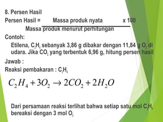 8. Persen Hasil
Persen Hasil = Massa produk nyata x 100
Massa produk menurut perhitungan
Contoh:
Etilena, C2H4 sebanyak 3,86 g dibakar dengan 11,84 g O2 di
udara. Jika CO2 yang terbentuk 6,96 g, hitung persen hasil
Jawab :
Reaksi pembakaran : C2H4
Dari persamaan reaksi terlihat bahwa setiap satu mol C2H4
bereaksi dengan 3 mol O2
OHCOOHC 22242 223 +→+
 