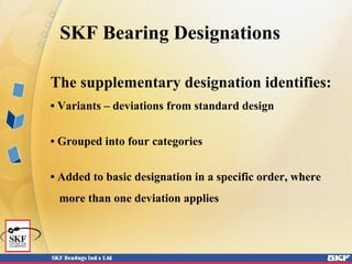 The supplementary designation identifies:
• Variants – deviations from standard design
• Grouped into four categories
• Added to basic designation in a specific order, where
more than one deviation applies
SKF Bearing Designations
 