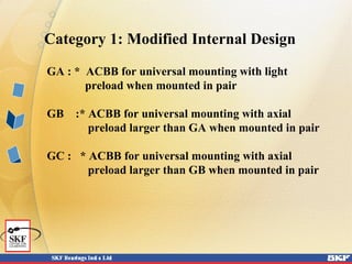 Category 1: Modified Internal Design
GA : * ACBB for universal mounting with light
preload when mounted in pair
GB :* ACBB for universal mounting with axial
preload larger than GA when mounted in pair
GC : * ACBB for universal mounting with axial
preload larger than GB when mounted in pair
 