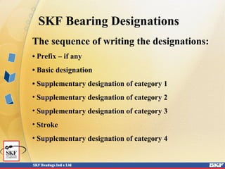 SKF Bearing Designations
The sequence of writing the designations:
• Prefix – if any
• Basic designation
• Supplementary designation of category 1
• Supplementary designation of category 2
• Supplementary designation of category 3
• Stroke
• Supplementary designation of category 4
 