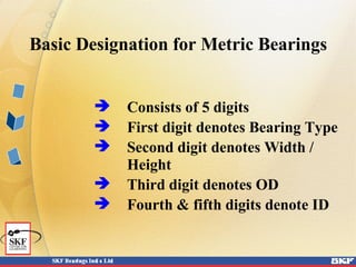 Basic Designation for Metric Bearings
 Consists of 5 digits
 First digit denotes Bearing Type
 Second digit denotes Width /
Height
 Third digit denotes OD
 Fourth & fifth digits denote ID
 