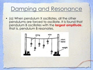 Damping and Resonance
• (a) When pendulum X oscillates, all the other
pendulums are forced to oscillate. It is found that
pendulum B oscillates with the largest amplitude,
that is, pendulum B resonates.
 