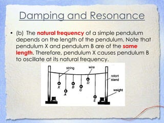 Damping and Resonance
• (b) The natural frequency of a simple pendulum
depends on the length of the pendulum. Note that
pendulum X and pendulum B are of the same
length. Therefore, pendulum X causes pendulum B
to oscillate at its natural frequency.
 