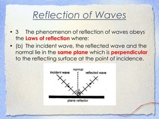 Reflection of Waves
• 3 The phenomenon of reflection of waves obeys
the Laws of reflection where:
• (b) The incident wave, the reflected wave and the
normal lie in the same plane which is perpendicular
to the reflecting surface at the point of incidence.
 
