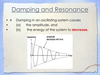 Damping and Resonance
• 4 Damping in an oscillating system causes
• (a) the amplitude, and
• (b) the energy of the system to decrease.
 