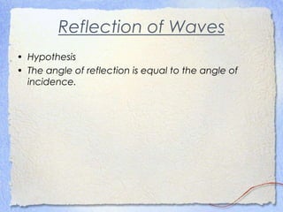 Reflection of Waves
• Hypothesis
• The angle of reflection is equal to the angle of
incidence.
 