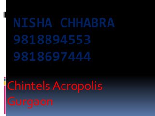 NISHA CHHABRA
9818894553
9818697444
Chintels Acropolis
Gurgaon
 