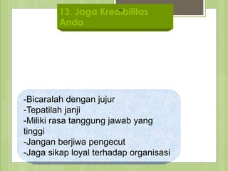 13. Jaga Kredibilitas
Anda
15
-Bicaralah dengan jujur
-Tepatilah janji
-Miliki rasa tanggung jawab yang
tinggi
-Jangan berjiwa pengecut
-Jaga sikap loyal terhadap organisasi
 