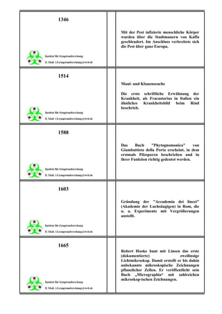 1346

       Mit der Pest infizierte menschliche Körper
       wurden über die Stadtmauern von Kaffa
       geschleudert. Im Anschluss verbreitete sich
       die Pest über ganz Europa.




1514
       Maul- und Klauenseuche

       Die erste schriftliche Erwähnung der
       Krankheit, als Fracastorius in Italien ein
       ähnliches Krankheitsbild beim Rind
       beschrieb.




1588

       Das     Buch     "Phytognomonica"       von
       Giambattista della Porta erscheint, in dem
       erstmals Pilzsporen beschrieben und in
       ihrer Funktion richtig gedeutet werden.




1603

       Gründung der "Accademia dei lincei"
       (Akademie der Luchsäugigen) in Rom, die
       u. a. Experimente mit Vergrößerungen
       anstellt.




1665
       Robert Hooke baut mit Linsen das erste
       (dokumentierte)                 zweilinsige
       Lichtmikroskop. Damit erstellt er bis dahin
       unbekannte mikroskopische Zeichnungen
       pflanzlicher Zellen. Er veröffentlicht sein
       Buch „Micrographia“ mit zahlreichen
       mikroskop-ischen Zeichnungen.
 