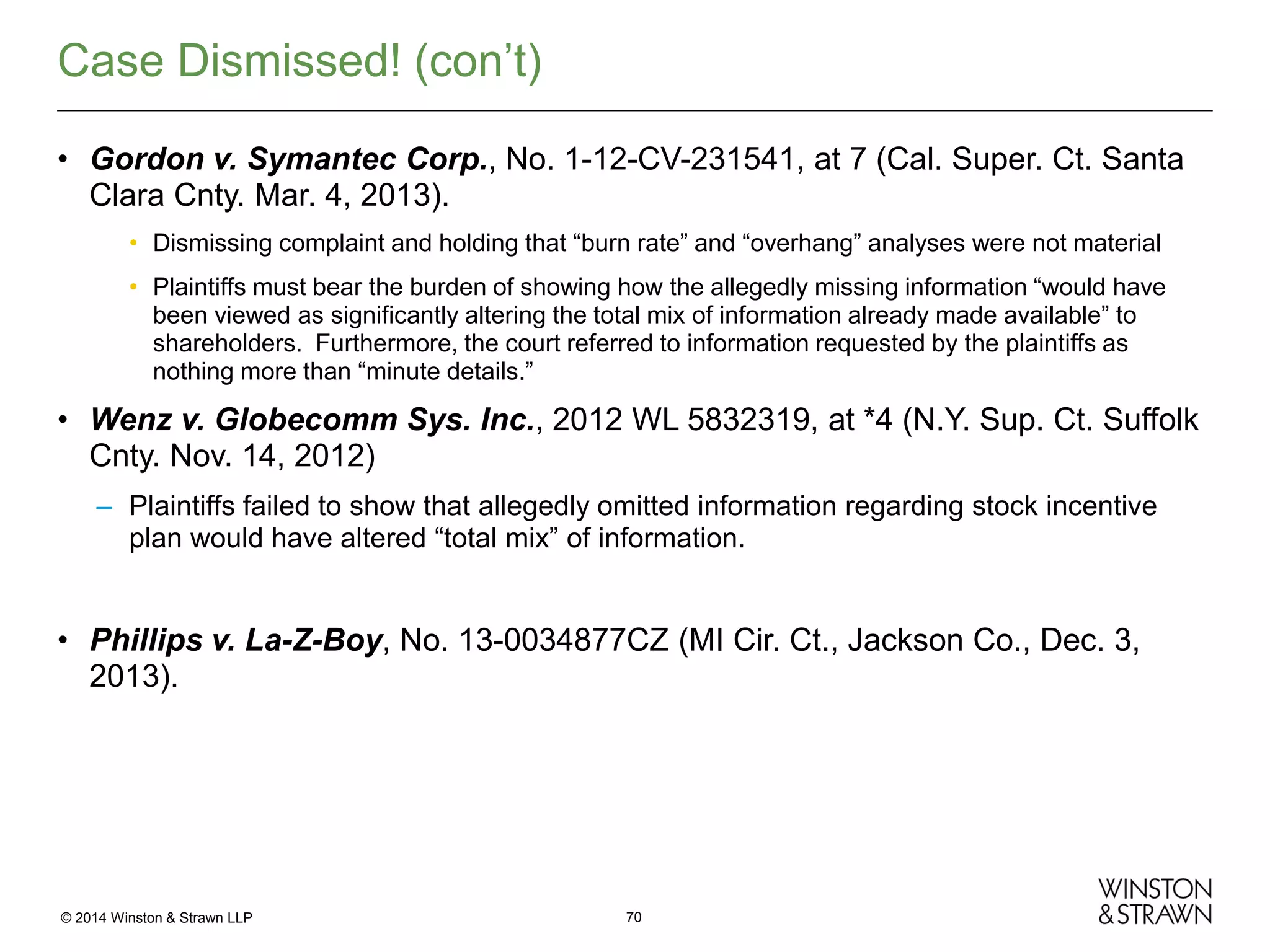 Case Dismissed! (con’t)
• Gordon v. Symantec Corp., No. 1-12-CV-231541, at 7 (Cal. Super. Ct. Santa
Clara Cnty. Mar. 4, 2013).
• Dismissing complaint and holding that “burn rate” and “overhang” analyses were not material
• Plaintiffs must bear the burden of showing how the allegedly missing information “would have
been viewed as significantly altering the total mix of information already made available” to
shareholders. Furthermore, the court referred to information requested by the plaintiffs as
nothing more than “minute details.”

• Wenz v. Globecomm Sys. Inc., 2012 WL 5832319, at *4 (N.Y. Sup. Ct. Suffolk
Cnty. Nov. 14, 2012)
– Plaintiffs failed to show that allegedly omitted information regarding stock incentive
plan would have altered “total mix” of information.

• Phillips v. La-Z-Boy, No. 13-0034877CZ (MI Cir. Ct., Jackson Co., Dec. 3,
2013).

© 2014 Winston & Strawn LLP

70

 