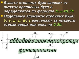  Высота строчных букв зависит отВысота строчных букв зависит от
высоты прописных букв ивысоты прописных букв и
определяется по формулеопределяется по формуле hhстр.стр. =0=0,7h,7h
 Отдельные элементы строчных букв:Отдельные элементы строчных букв:
б, в, д, р, ф, уб, в, д, р, ф, у выступают за пределывыступают за пределы
строки вверх или вниз настроки вверх или вниз на 0,30,3h.h.
 