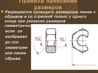  Разрешается проводить размерные линии с
обрывом и со стрелкой только у одного
конца при указании размеров
симметричного предмета,
если он
изображен
до оси
симметрии
или линии
обрыва.
Правила нанесения
размеров
 