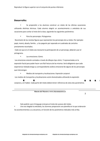 Reproducir la figura superior con el conjunto de puntos inferiores
Adaptado de orientaciónandujar.wordpress.com Adaptado de orientaciónandujar.wordpress.com
Desarrollo:
• Se propondrá a los alumnos construir un relato de las últimas vacaciones
utilizando distintas técnicas. Cada alumno elegirá un acontecimiento o anécdota de sus
vacaciones para contar al resto de la clase, siguiendo los siguientes parámetros:
• Para los personajes: Pictogramas
Recortarán de las revistas figuras que representen los personajes de su relato. Por ejemplo:
papá, mamá, abuela, familia... y los pegarán por separado en cuadrados de cartulina
previamente recortados.
Cada vez que en el relato sea necesario la participación de un personaje, deberán usar el
pictograma.
• Las emociones: Cómic
Las emociones estarán contadas a través de dibujos tipo cómic. Y representadas en la
expresión facial para poder hacer una fácil lectura de las mismas. Será obligatorio que cada
experiencia relatada tenga su correspondiente análisis emocional de alguno de los personajes
que intervengan.
• Medios de transporte y localizaciones: Expresión corporal
Los medios de transportes y localizaciones serán dramatizados utilizando la expresión
corporal, y sin hablar. Cada parte del relato deberá tener referencia de estos dos parámetros.
Rincón del Maestro: www.rinconmaestro.es
2
Solo podrán usar el lenguaje oral para el resto de sucesos del relato.
• Una vez elegida la anécdota, los alumnos prepararán una plantilla en la que ordenarán
los acontecimientos y su secuencia, en función de los parámetros indicados más arriba.
 