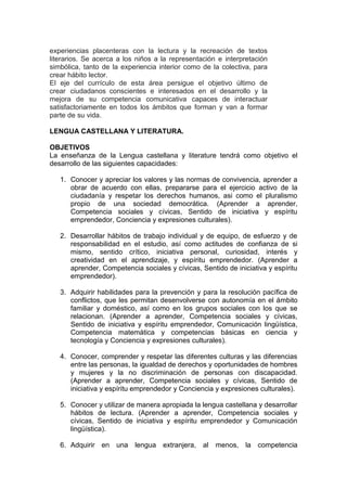 experiencias placenteras con la lectura y la recreación de textos
literarios. Se acerca a los niños a la representación e interpretación
simbólica, tanto de la experiencia interior como de la colectiva, para
crear hábito lector.
El eje del currículo de esta área persigue el objetivo último de
crear ciudadanos conscientes e interesados en el desarrollo y la
mejora de su competencia comunicativa capaces de interactuar
satisfactoriamente en todos los ámbitos que forman y van a formar
parte de su vida.
LENGUA CASTELLANA Y LITERATURA.
OBJETIVOS
La enseñanza de la Lengua castellana y literature tendrá como objetivo el
desarrollo de las siguientes capacidades:
1. Conocer y apreciar los valores y las normas de convivencia, aprender a
obrar de acuerdo con ellas, prepararse para el ejercicio activo de la
ciudadanía y respetar los derechos humanos, asi como el pluralismo
propio de una sociedad democrática. (Aprender a aprender,
Competencia sociales y cívicas, Sentido de iniciativa y espíritu
emprendedor, Conciencia y expresiones culturales).
2. Desarrollar hábitos de trabajo individual y de equipo, de esfuerzo y de
responsabilidad en el estudio, así como actitudes de confianza de si
mismo, sentido crítico, iniciativa personal, curiosidad, interés y
creatividad en el aprendizaje, y espíritu emprendedor. (Aprender a
aprender, Competencia sociales y cívicas, Sentido de iniciativa y espíritu
emprendedor).
3. Adquirir habilidades para la prevención y para la resolución pacífica de
conflictos, que les permitan desenvolverse con autonomía en el ámbito
familiar y doméstico, así como en los grupos sociales con los que se
relacionan. (Aprender a aprender, Competencia sociales y cívicas,
Sentido de iniciativa y espíritu emprendedor, Comunicación lingüística,
Competencia matemática y competencias básicas en ciencia y
tecnología y Conciencia y expresiones culturales).
4. Conocer, comprender y respetar las diferentes culturas y las diferencias
entre las personas, la igualdad de derechos y oportunidades de hombres
y mujeres y la no discriminación de personas con discapacidad.
(Aprender a aprender, Competencia sociales y cívicas, Sentido de
iniciativa y espíritu emprendedor y Conciencia y expresiones culturales).
5. Conocer y utilizar de manera apropiada la lengua castellana y desarrollar
hábitos de lectura. (Aprender a aprender, Competencia sociales y
cívicas, Sentido de iniciativa y espíritu emprendedor y Comunicación
lingüística).
6. Adquirir en una lengua extranjera, al menos, la competencia
 